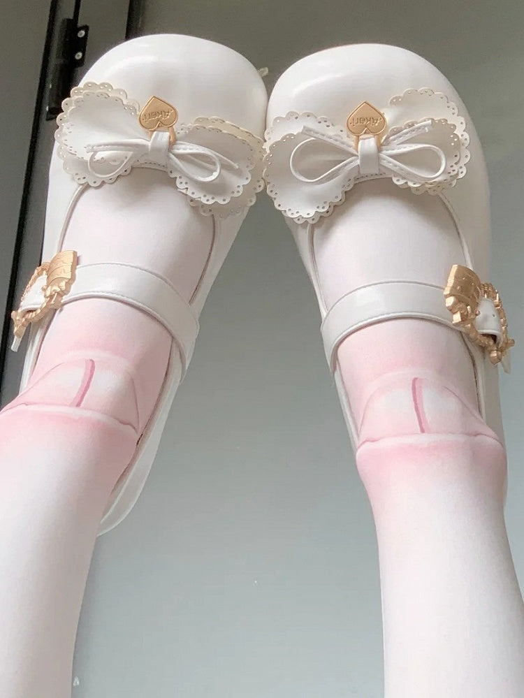 Cake White Buckle Heart Sweet Low-Heel Janes Lolita Multilayer Bow Top - Mary