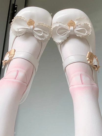 Cake White Buckle Heart Sweet Low-Heel Janes Lolita Multilayer Bow Top - Mary