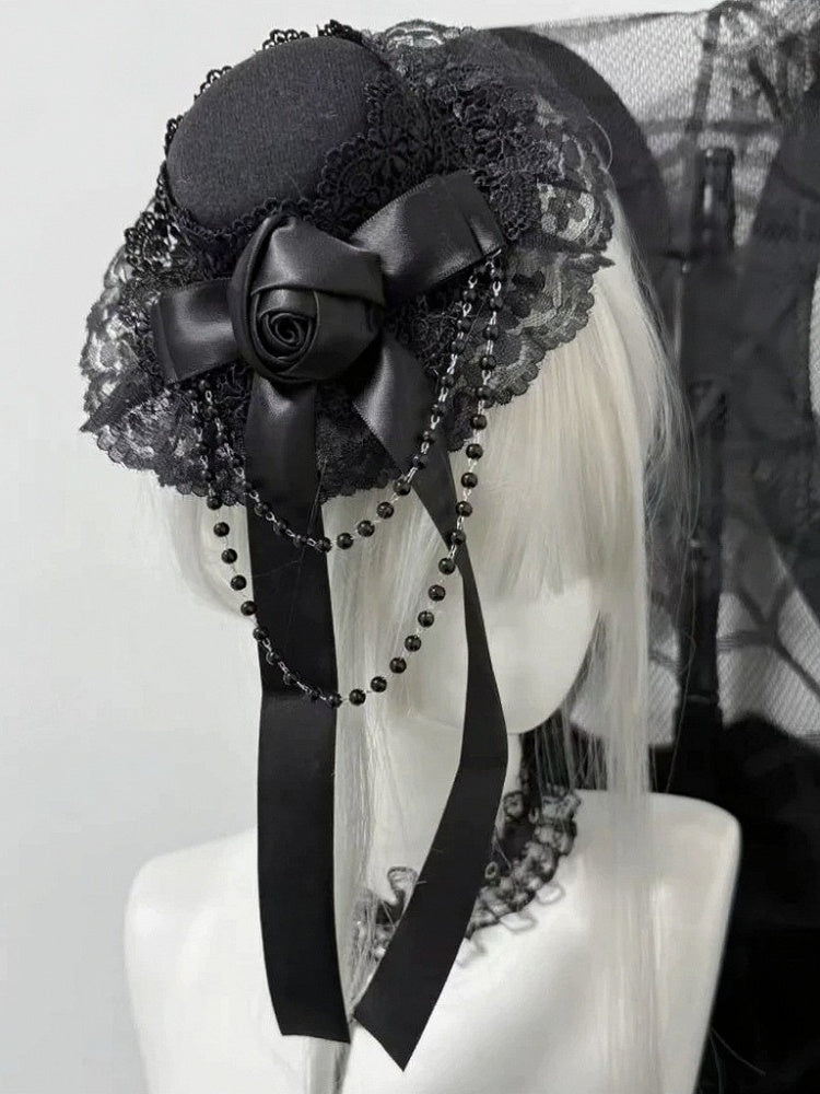 Gothic Lace Trim Rose Mini Hat with Bead Chain - Post-2000 Gift Shop
