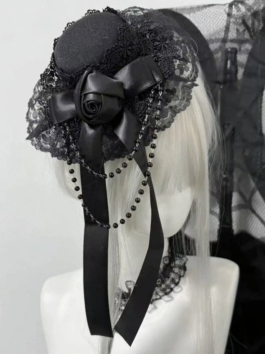 Gothic Lace Trim Rose Mini Hat with Bead Chain - Post-2000 Gift Shop