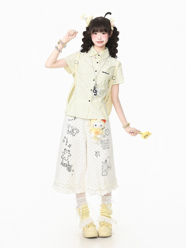 Yellow Plaid Short-Sleeve Shirt with Star Print and Necklace - Languid Park