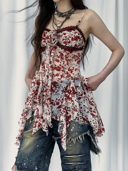 Handkerchief Floral Hem Slip and Lace Red Trim Dress Punk Y2K Print with