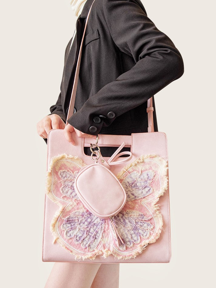 Adorable Pink Crossbody Bag With Oversized Butterfly Patchwork