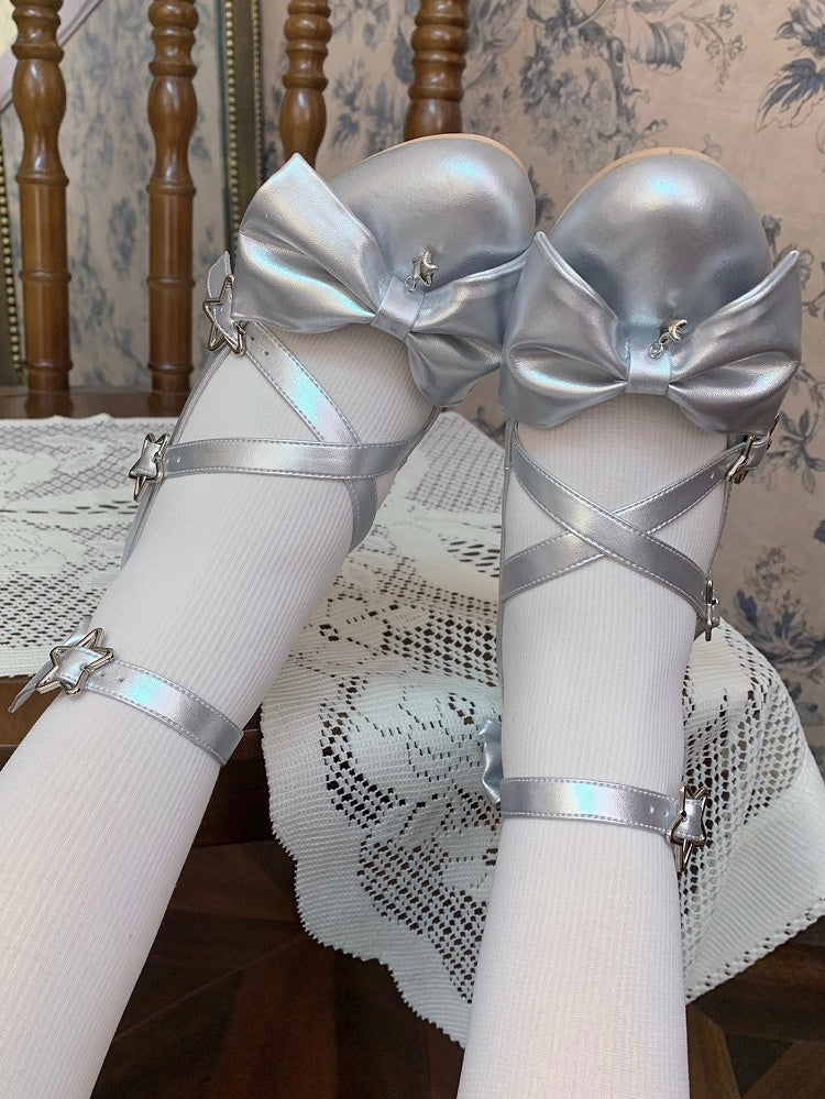 and Star with Bow Silver Buckles Shoes High-heel 6.5cm Details Sweet