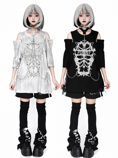 Choker T-Shirt Ribcage Gothic Shoulder Chain Coffin Print with Zip Detachable Convertible Black