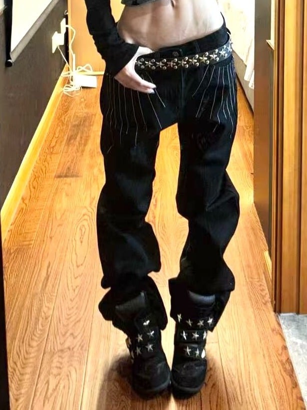 Black Curved Leg Pants with 3D Line Embroidery - DETW OnLine