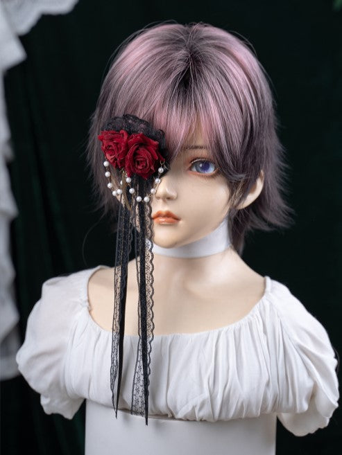 35CM Wig and Pink Highlight Length Hair Black Color Short Ouji