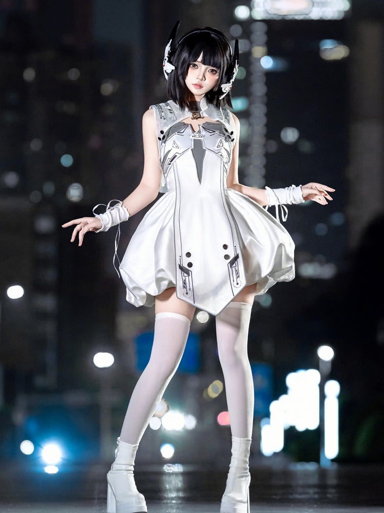 Cyberpunk White Bubble Dress and Cropped Vest Set - Xiong Dou Jiang