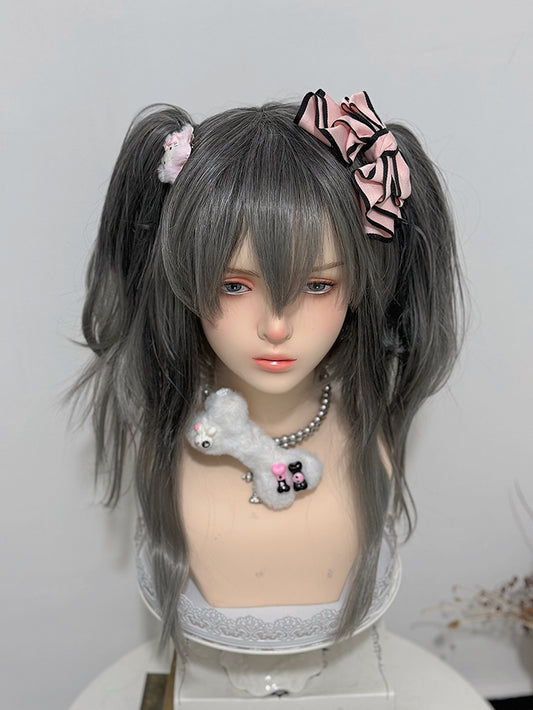 Clip-Perücke, grau, doppelter Pferdeschwanz + 30 cm Krallenpony, 38 cm glatte Länge mit Ombré-Haarfarbe