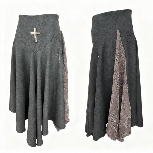 Lace Ankle-Length Cross Stitch Black/Dark Skirt with Gothic Gray Detailing Embroidered
