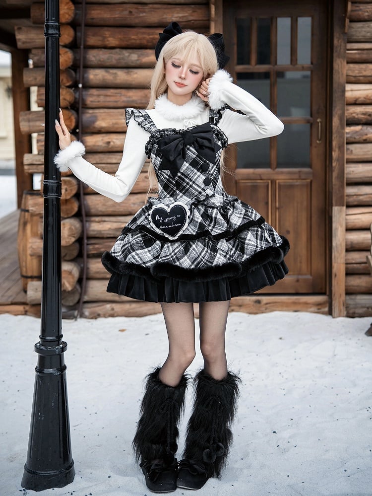 Details Winter Black Dress Pattern Plaid Lolita with Ruffle and White