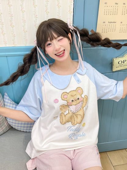 青と白のアシンメトリーピーターパンカラーベアプリントTシャツロングバージョン