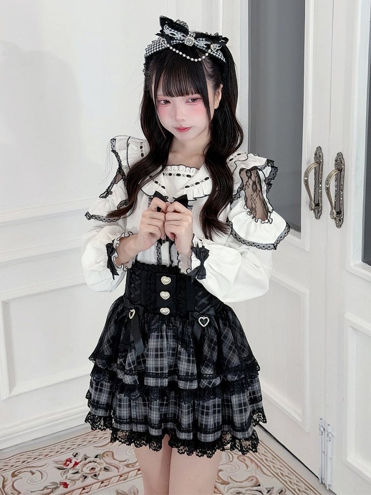 Black Jirai Kei Plaid High-Waist Skirt with Lace Trim Detail - Puppet Bombs