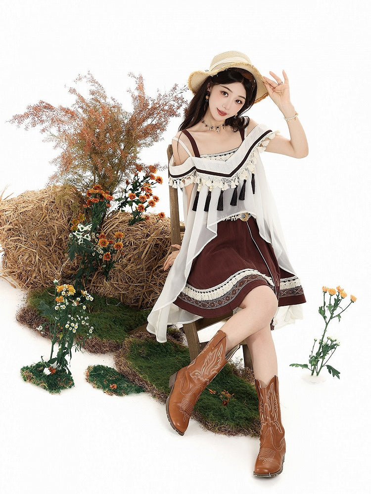 Brown & White Cape + Dress Set with Fringe and Waist Belt - Wasteland Style - Unknown Star