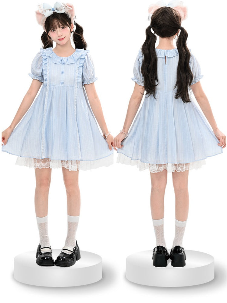 Kleid Hellblau Rüschenkragen Puffärmel Süß