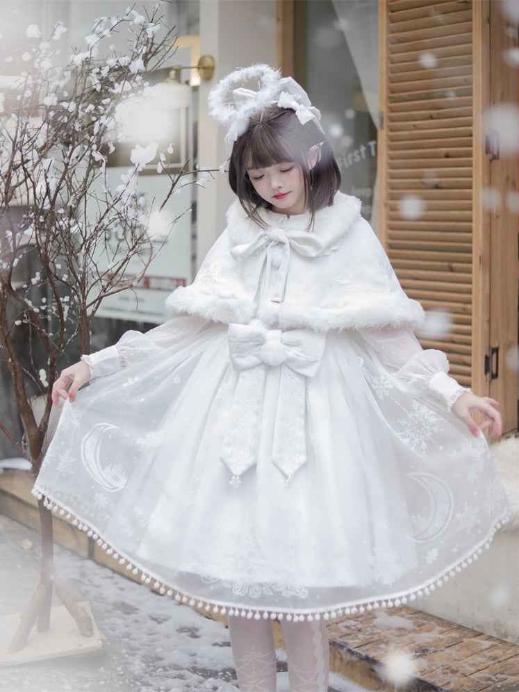 - + White Pattern Snowflake Skirt Full Sweet Set Cape Bow Jumper Big