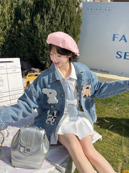 Wash Distressed Denim Jacket with Detachable Puppy Brooches Blue Faded