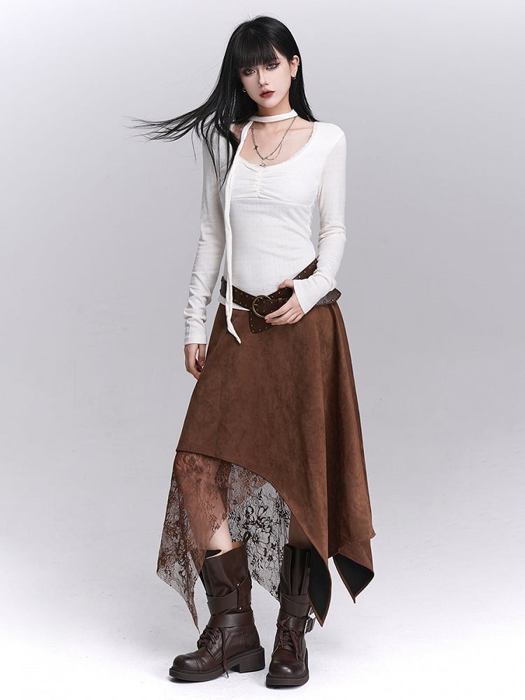 Sleeve Front Strap Ruches White U-Neck with Versatile Matching Top Long Neck