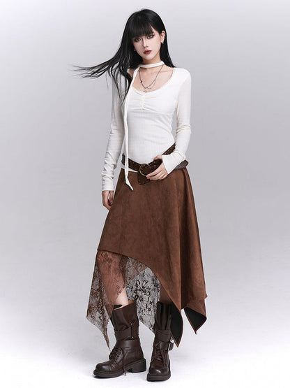 Sleeve Front Strap Ruches White U-Neck with Versatile Matching Top Long Neck