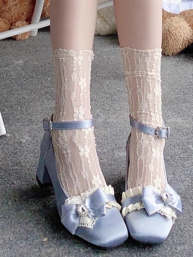 Elegant in Blue Janes Ruffle Loltia Toe Crystal Mary Bow Edging Mid-heel Satin with Square Embellished