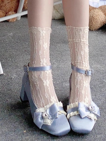 Elegant in Blue Janes Ruffle Loltia Toe Crystal Mary Bow Edging Mid-heel Satin with Square Embellished