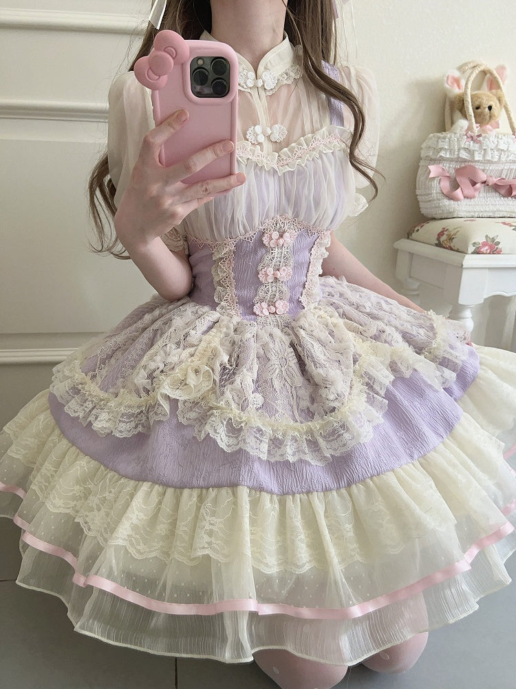 Frog Chinoiserie Dress Fresh JSK Ballet-Inspired Button Lace Trim Purple Lolita