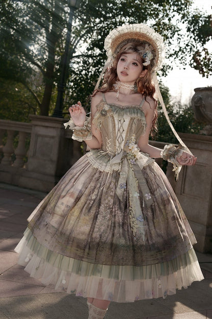 Green Oil Painting Print Flowers Tulle Hemline Lolita Skirt