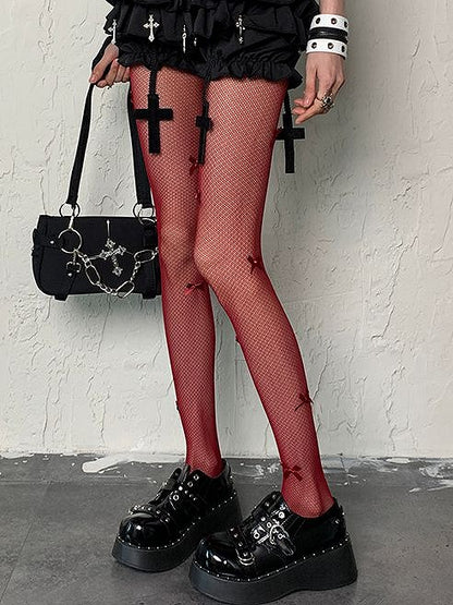 Strumpfhose mit Schleifendetails, Y2K-Farbdesign, Mode 5, Netz-Gyaru