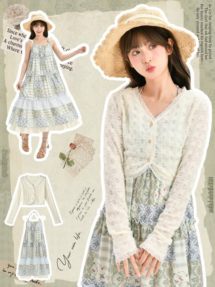 Mori Kei Green Halter Neck Patchwork Design Floral Dress