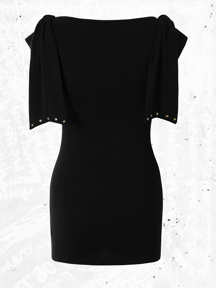 Black Knit Short-Sleeve Top with Rhinestone Design - NO ROMANCE