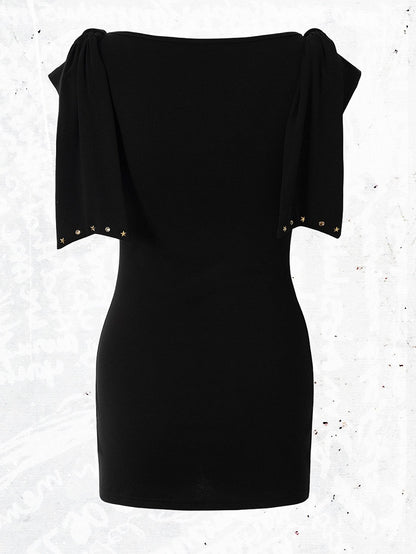 Black Knit Short-Sleeve Top with Rhinestone Design - NO ROMANCE