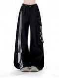 Black Drawstring Waist Cargo Pockets Loose Straight-Leg Pants