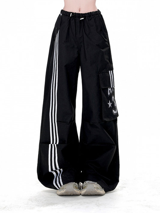 Loose Straight-Leg Pants Pockets Black Drawstring Waist Cargo