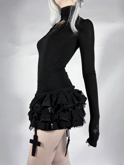 Gothic Black Cross Charms Tiered Ruffles Tulle Skort