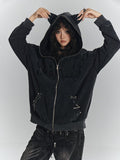 Pin Details Cat Embroidery Safety Punk Jacket Cross Hoodie Ear Black with
