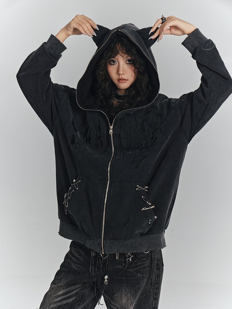 Pin Details Cat Embroidery Safety Punk Jacket Cross Hoodie Ear Black with