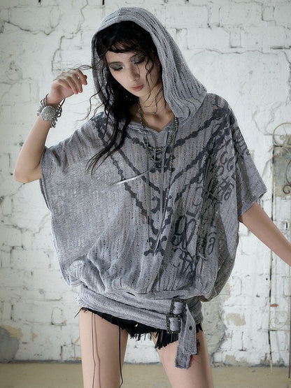 Dusty Blue Distressed Hooded Batwing Knit Top - NO ROMANCE
