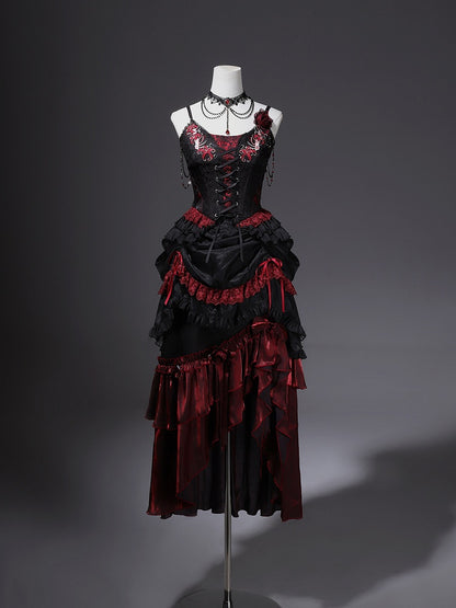 Black Red Gothic Corset Top and Skirt Set with Choker - Xiong Dou Jiang