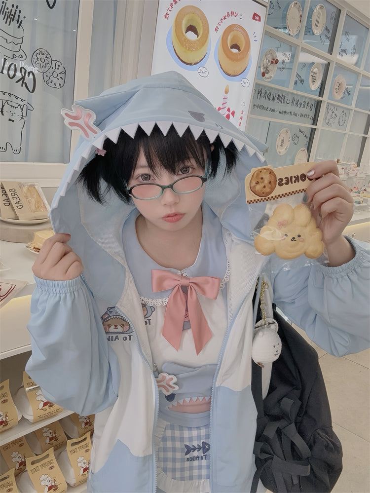 ジャケット シャークデザイン フード ブルー＆ホワイト カラーブロックデザイン ウィンドブレーカー