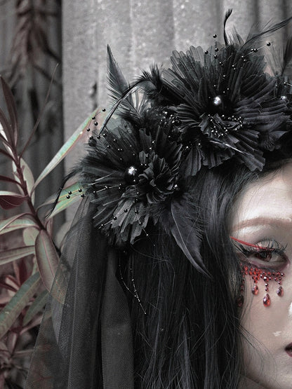 KC Headpiece Black Feather Beads Veil Floral - Blood Supply