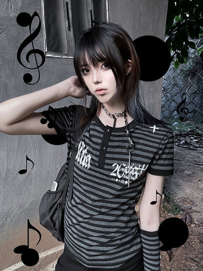 Y2K Striped T-Shirt with Cross and Gothic Letter Details - Alita26SS