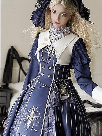 Embroidery+Waist Cross Lolita Watch Dress Full Collar Blue White Nun Chain+Pocket Chain+Detachable Striped Belt+Waist Set with Dark
