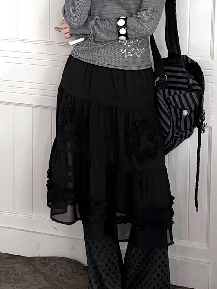 Ruffle Details Waistband Skirt Daily Elastic Kawaii Black with