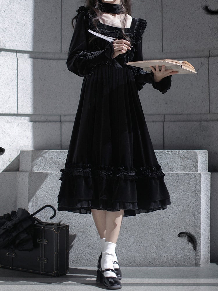 Square Dress Velvet Black Elegant Neckline