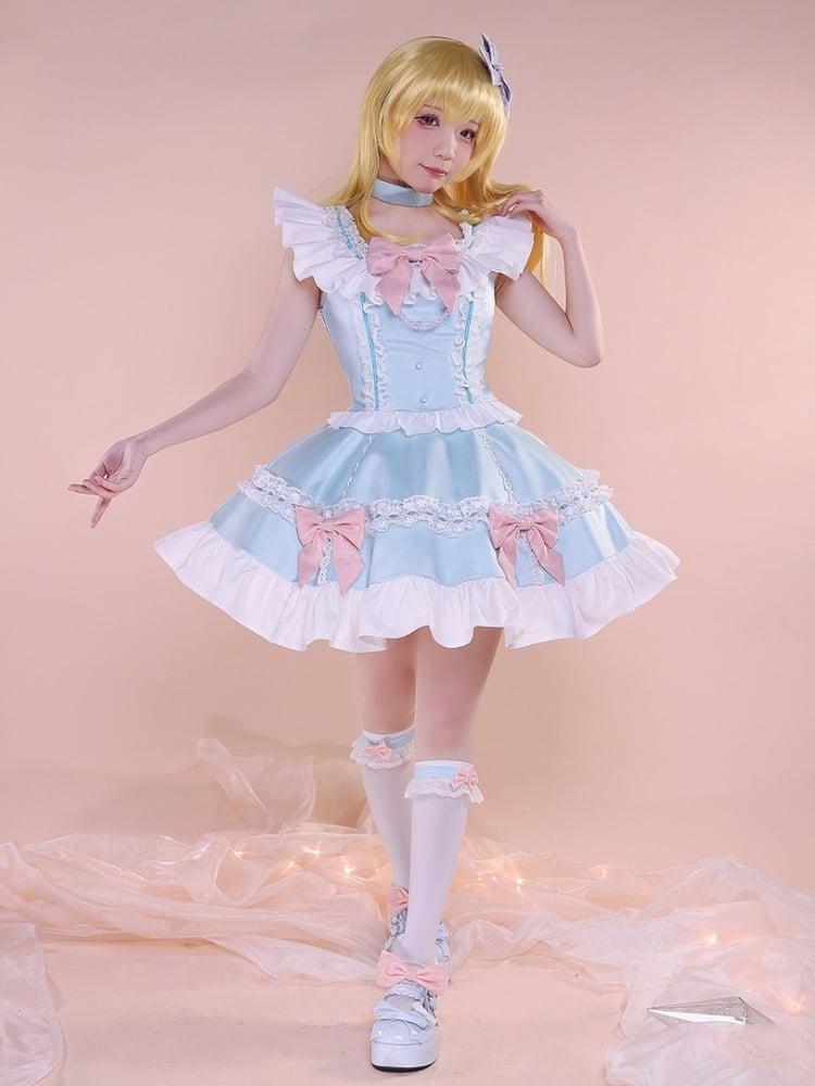 Blaues und rosa Bowknots Top Rock Cosplay Kostüm