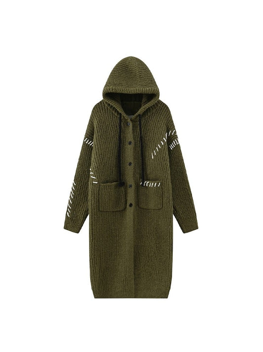 Long Black Green Cardigan Drawstrings with Hooded