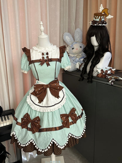 Mint Chocolate Cookie OP Dress with Pompom Bowknot Apron - Alice in Wonderland Lolita