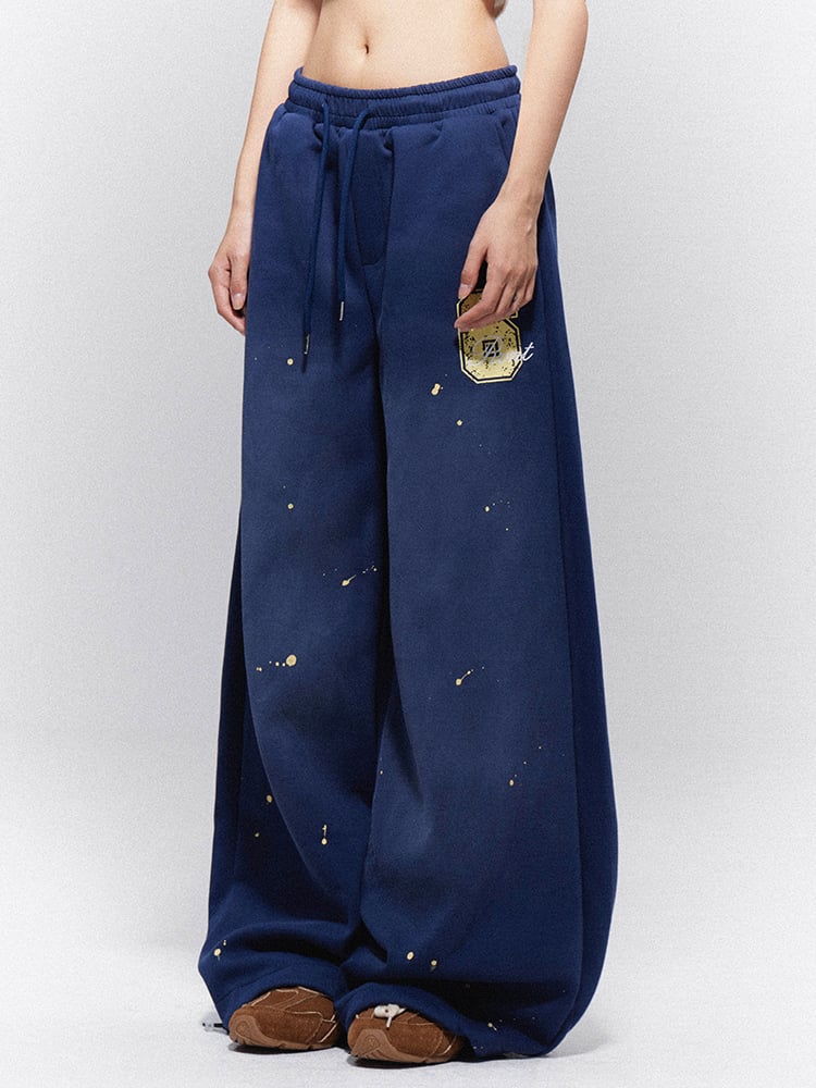 Vintage Blue Wide-Leg Sweatpants with Yellow '6' Print & Paint Splatter | J-Fashion