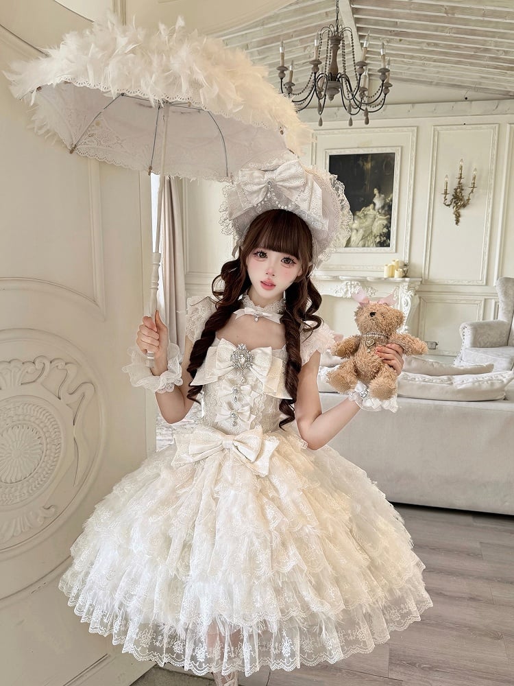 Skirt + Train Rhinestone Multi-Layered Details Lace Hime-Style JSK Big Lolita White with / Elegant Choker Bow Dress