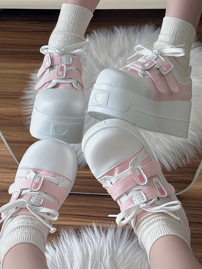 Pink Yami Kawaii Platform Sneakers with Lace-Up & Velcro Straps - Night Sakura Water Lantern